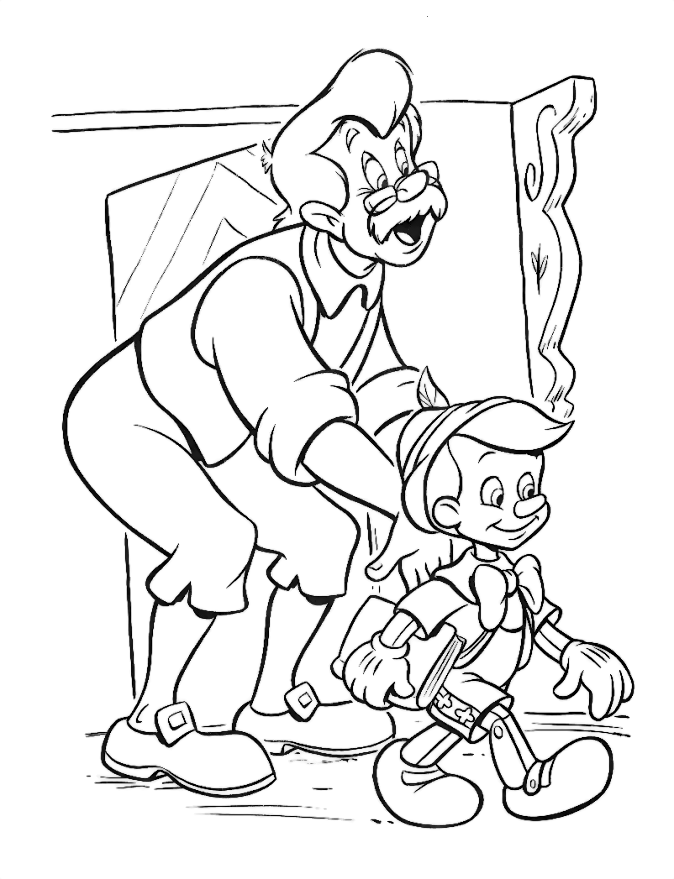 coloriage Pinocchio sort avec gepetto